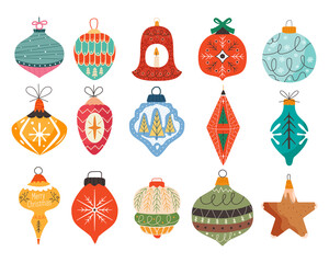Christmas tree toys and balls. Different shapes new year decorations in retro flat cartoon style. Christmas symbols icons set. illustration collection