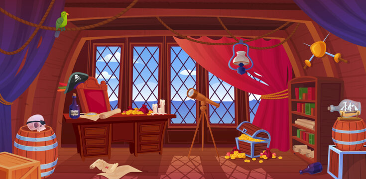 Capitan ship cabin. Cartoon ships room interior inside pirate wooden boat, wood table desk with navigation map barrel rum telescope, game background ingenious vector illustration