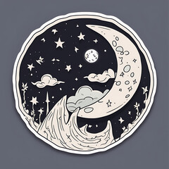 moon with mountain, stars, cloud, sky round badge