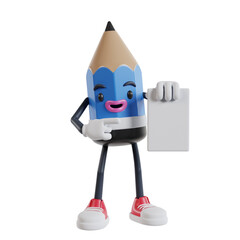 3d cartoon pencil character holding white paper and pointing with index finger, 3d illustration of cartoon pencil character