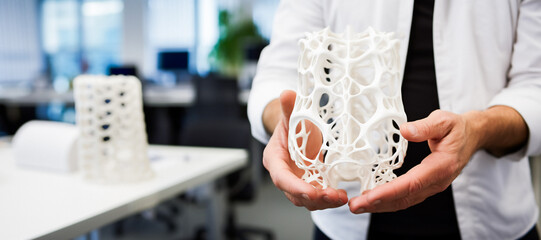 A man is holding a white 3D printed object with an abstract, lattice-like structure in an office setting. 