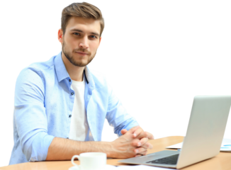 Portrait of young man sitting at his desk on a transparent background
