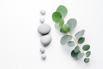 A flat lay of smooth, round pebbles and pale green eucalyptus leaves on a white background.  Plenty of copy space. Minimalist and clean aesthetic. 