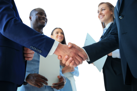 Business people shaking hands, finishing up a meeting on a transparent background