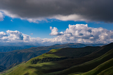 Panoramic view of the Caucasus Mountains on a clear day.