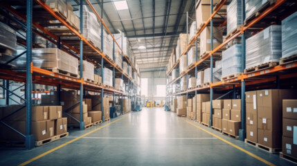 Warehouse smart logistics rows tall shelves full boxes products, Huge distribution warehouse, industrial companies, global network distribution transportation, Innovation future transport, Image blur