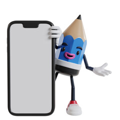 3d cartoon pencil character appears from behind a big phone with open hand, 3d illustration of cartoon pencil character