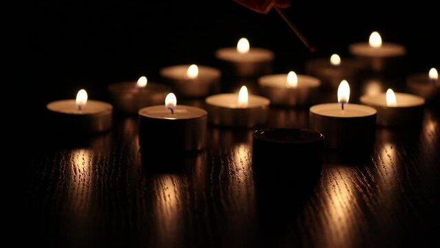 An extinguished candle and a woman s hand lights the candle with a match. Bright candlelight, funeral or meditation, winter mood, cozy atmosphere.