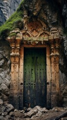 Fototapeta na wymiar Ancient antique doors in a gorge, fantasy landscape. Generation AI