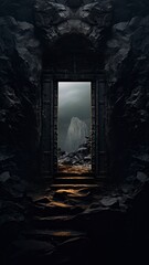Ancient antique doors in a gorge, fantasy landscape. Generation AI