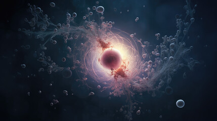 Generative AI, egg, oocyte fertilized by sperm, conception under a microscope, in vitro fertilization, 3D illustration, living cell, abstraction, background, creation of new life, science, embryo