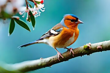 Fototapeta premium Close up of a Chaffinch (Fringilla coelebs) bird sitting in a cherry tree in the spring season