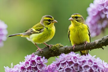Fototapeta premium European serin (Serinus serinus), two young birds sitting on a blooming twig of a summer lilac
