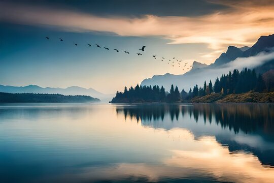 Flock of birds flying over lake. High quality photo.