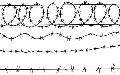 Barrier barbwire for prison, illustration of collection border prison. Barbed wire black silhouettes vector frame borders.