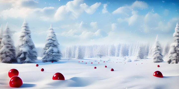 Sch&ouml;ner Weihnachten Hintergrund mit viel Schnee und roten Weihnachtskugeln 
