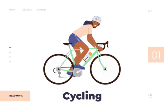 Cycling promotion landing page design template with happy woman enjoying fast riding on bicycle