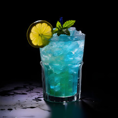 Blue lagoon cocktail glass on black background