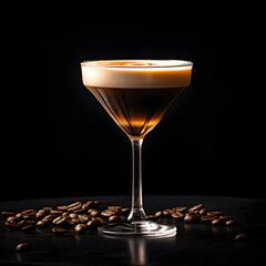 Espresso martini cocktail glass on black background