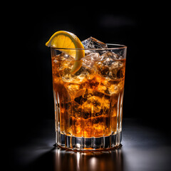 Dark and stormy cocktail glass on black background