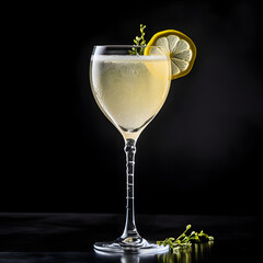 French 75 cocktail glass on black background