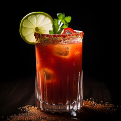 Bloody Mary cocktail glass on black background