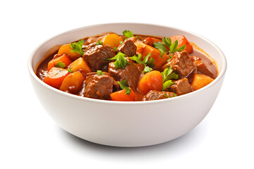 bowl of beef and vegetable stew isolated on white