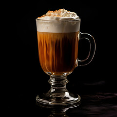 Irish coffee cocktail glass on black background