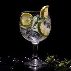 Gin tonic cocktail glass on black background