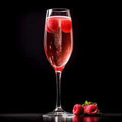 Kir royale cocktail glass on black background