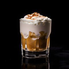 White russian cocktail glass on black background