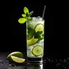 Mojito cocktail glass on black background