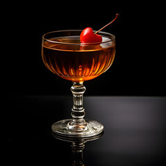 Manhattan cocktail glass on black background