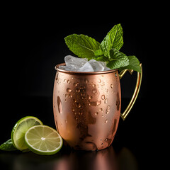 Moscow mule cocktail glass on black background