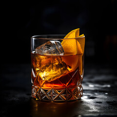 Old fashioned cocktail glass on black background