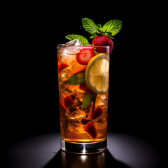 Pimms cup cocktail glass on black background