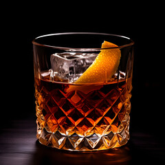 Sazerac cocktail glass on black background