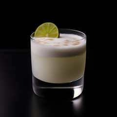 Pisco sour cocktail glass on black background