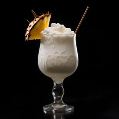 Pina colada cocktail glass on black background