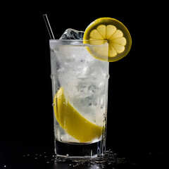 Tom Collins cocktail glass on black background