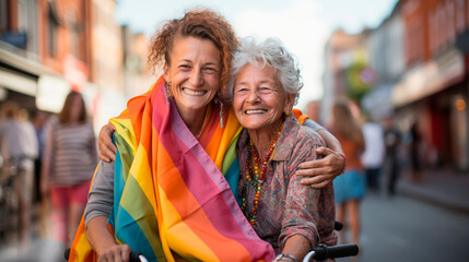 Obraz premium Older women hugging and happy at an LGBT pride day parade. Couple of women on a street showing their love and joy for being together. Concept of equal and ageless love.
