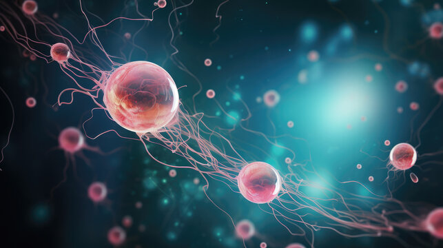 Generative AI, egg, oocyte fertilized by sperm, conception under a microscope, in vitro fertilization, 3D illustration, living cell, abstraction, background, creation of new life, science, embryo