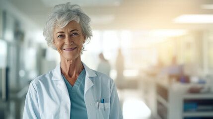 Portrait of smiling older senior female professional doctor physician pediatrician wearing white robe around neck standing in modern private clinic hospital, looking at camera.
