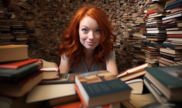 A woman surrounded by books in a cozy room