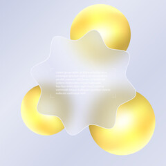 Glass morphism background. Glass rounded wavy banner made of transparent frosted glass and gold spheres on a light background.