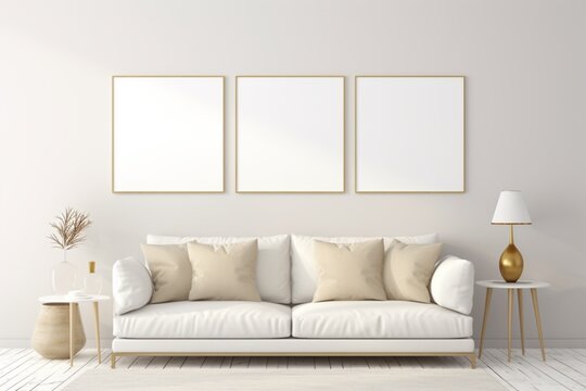 Minimalistic white living room with emty paintings template on the wall. AI generated