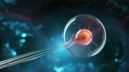 Generative AI, egg, oocyte fertilized by sperm, conception under a microscope, in vitro fertilization, 3D illustration, living cell, abstraction, background, creation of new life, science, embryo