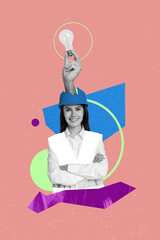 Vertical collage picture of positive black white colors girl uniform big arm inside head helmet hold light bulb isolated on pink background