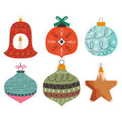6 Christmas tree toys and balls. Different shapes new year decorations in retro flat cartoon style. Christmas symbols icons set. illustration collection.