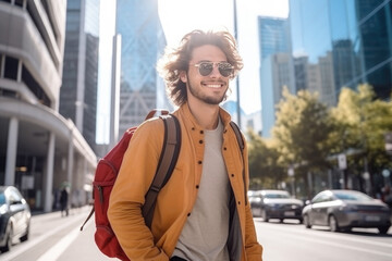 Fototapeta premium portrait of stylish young caucasian man walking on a sunny day, wearing backpack in the city with skyscrapers
